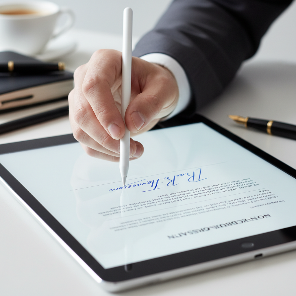 Person e-signing documents on tablet in bright clean office, natural light, modern professional setting