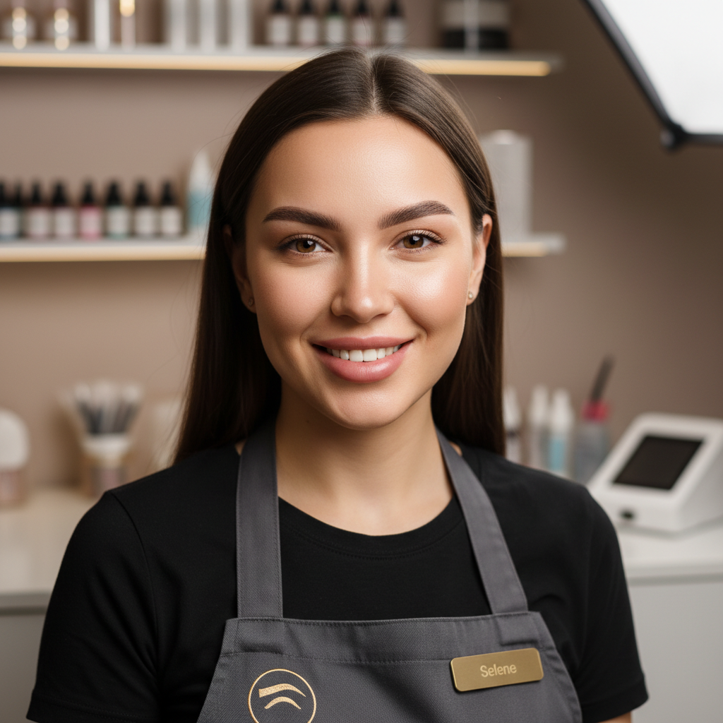 Professional woman with short hair in a clean bright studio, confident smile