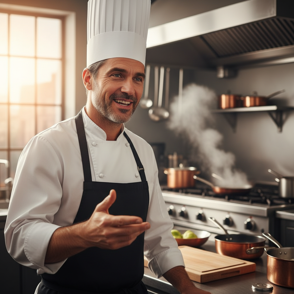 Chef Marcus Delacroix in professional kitchen whites, focused and intense, warm professional kitchen lighting