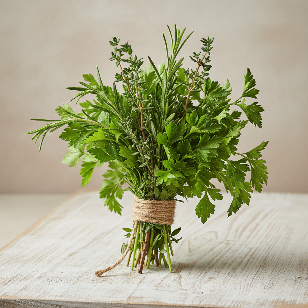 Lush fresh herb bundles including basil and thyme tied with twine on a rustic wooden surface