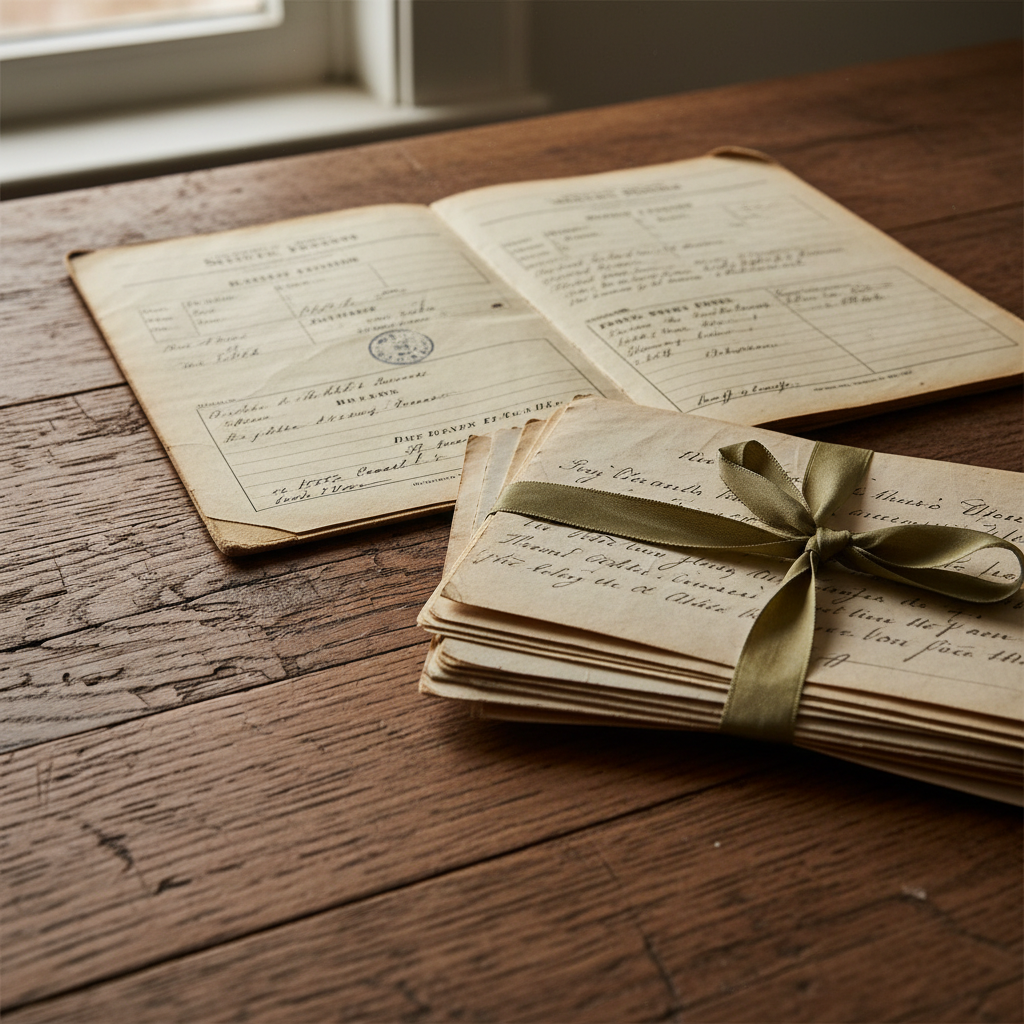 Open military service record and letters tied with ribbon resting on aged wood surface