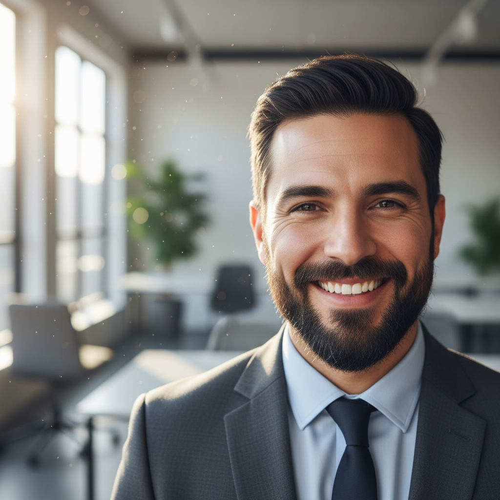 Hispanic man in charcoal suit with warm smile in contemporary office with natural lighting