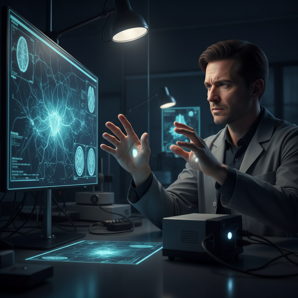 Researcher examining medical imaging data in a darkened laboratory, hands mid-gesture