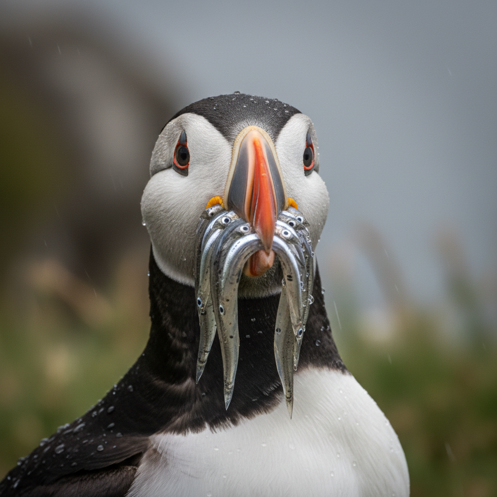 Puffin with beak full of sand eels, rain beading on orange and black feathers at cliff edge