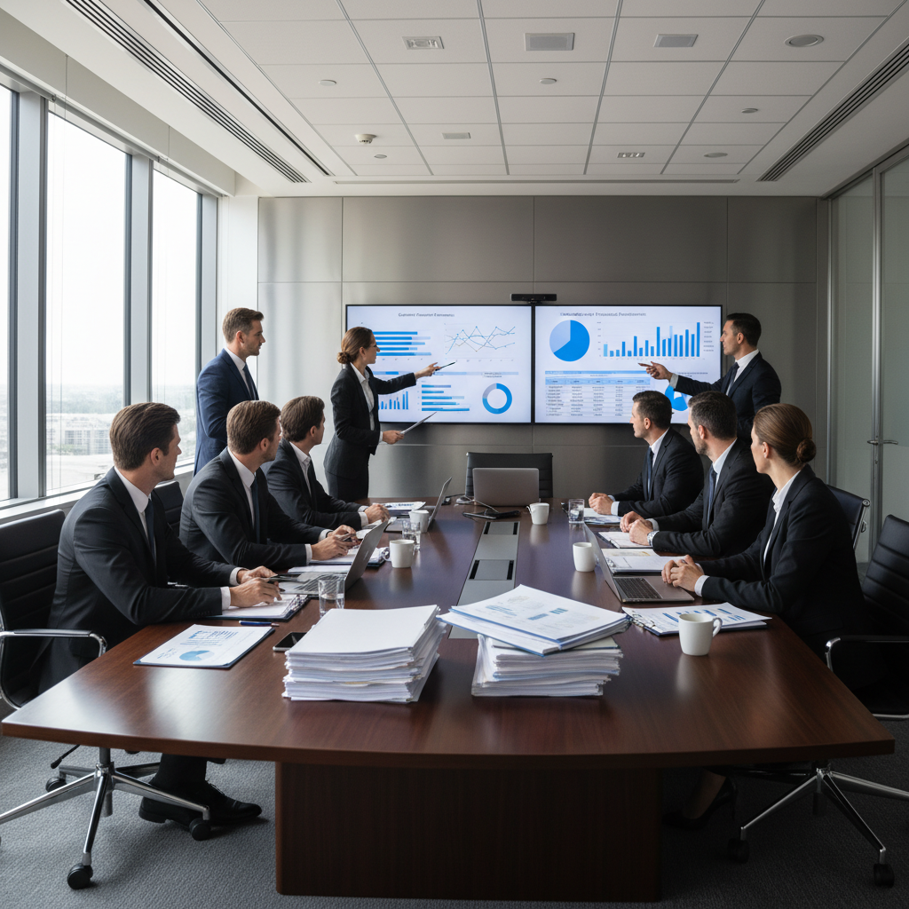 Business executives reviewing financial reports and ROI metrics in boardroom