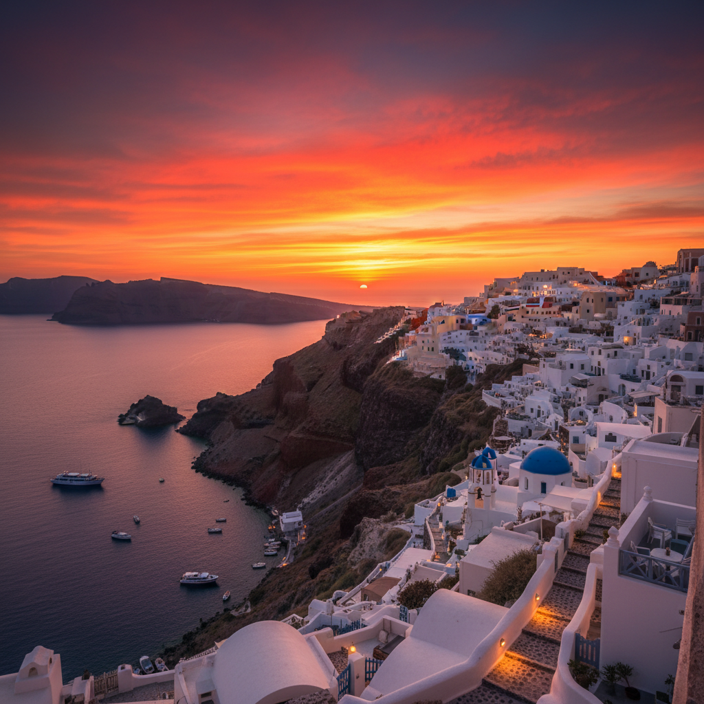 Romantisch koppel bij zonsondergang op Santorini met uitzicht over de caldera