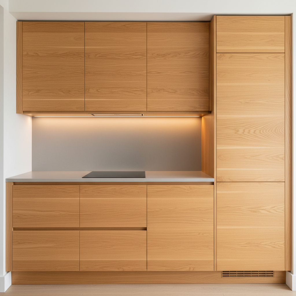 Completed fitted kitchen with handleless doors and oak worktop
