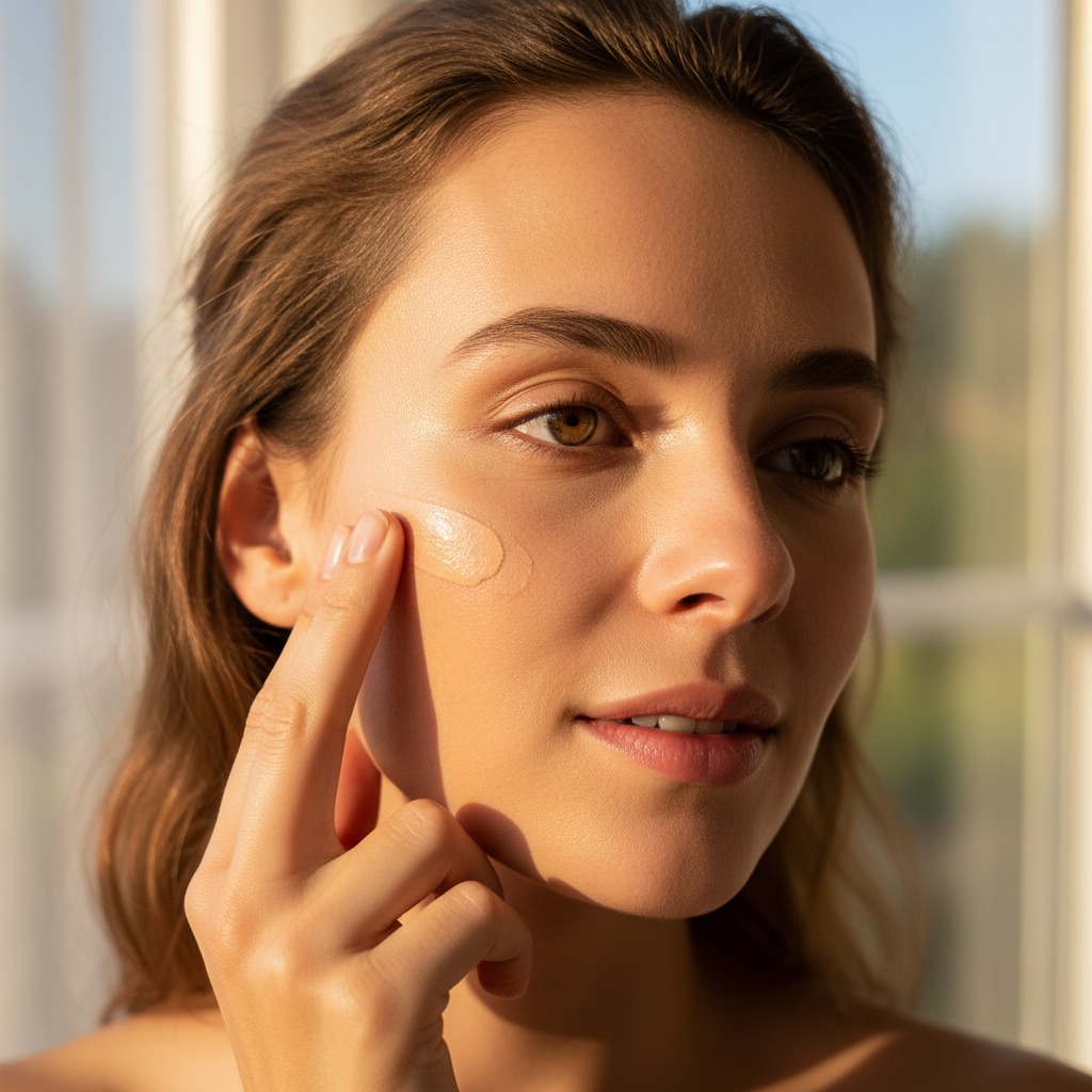 Woman applying skincare product, glowing healthy skin, natural beauty routine, warm light