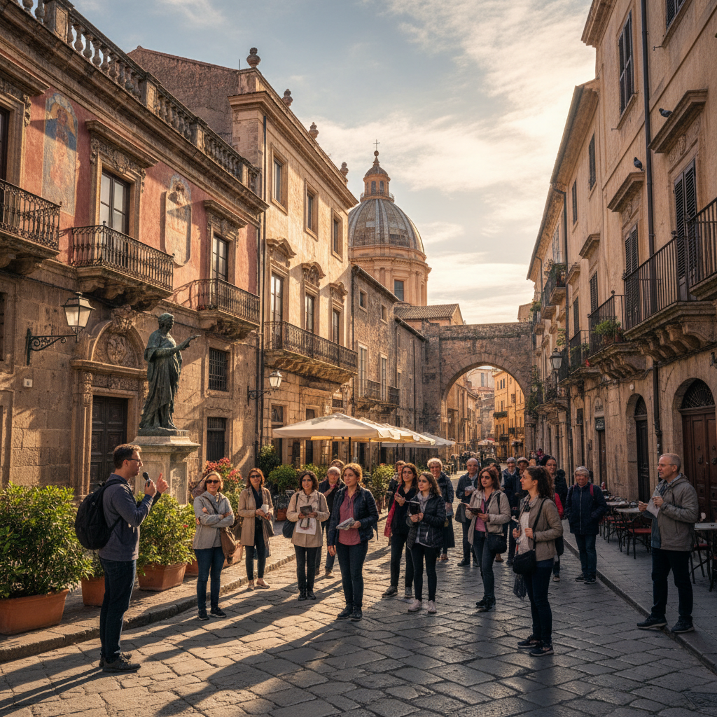 Small group of walkers listening to a guide in a narrow heritage street, warm afternoon light, close-knit gathering