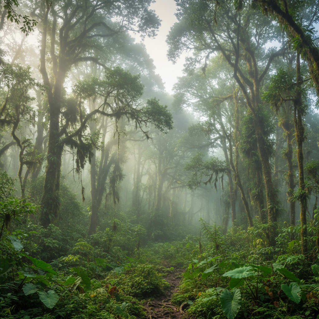 Dense rainforest in Aberdare National Park, misty highlands, green vegetation