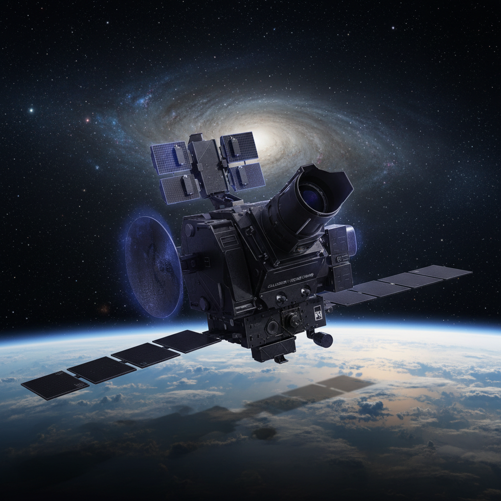 Satellite in orbit above Earth, bright solar panels, dark deep space background, clean scientific imagery