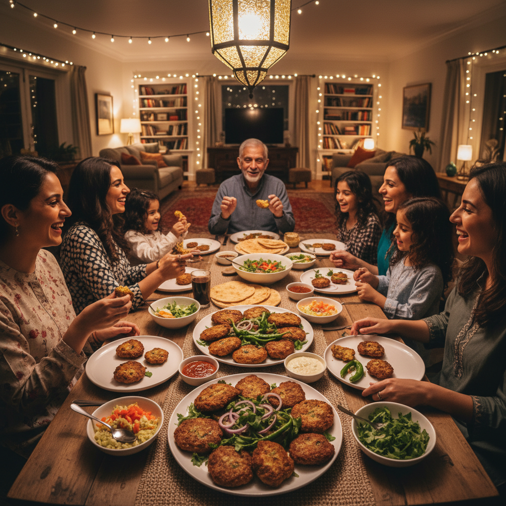 Happy Christian family praying together around a dinner table, warm home environment