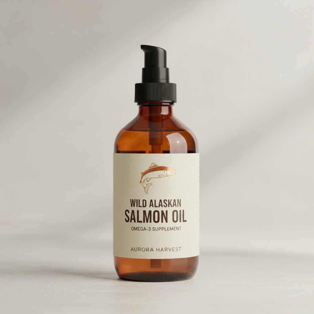 Amber glass bottle of wild Alaskan salmon oil supplement with pump dispenser