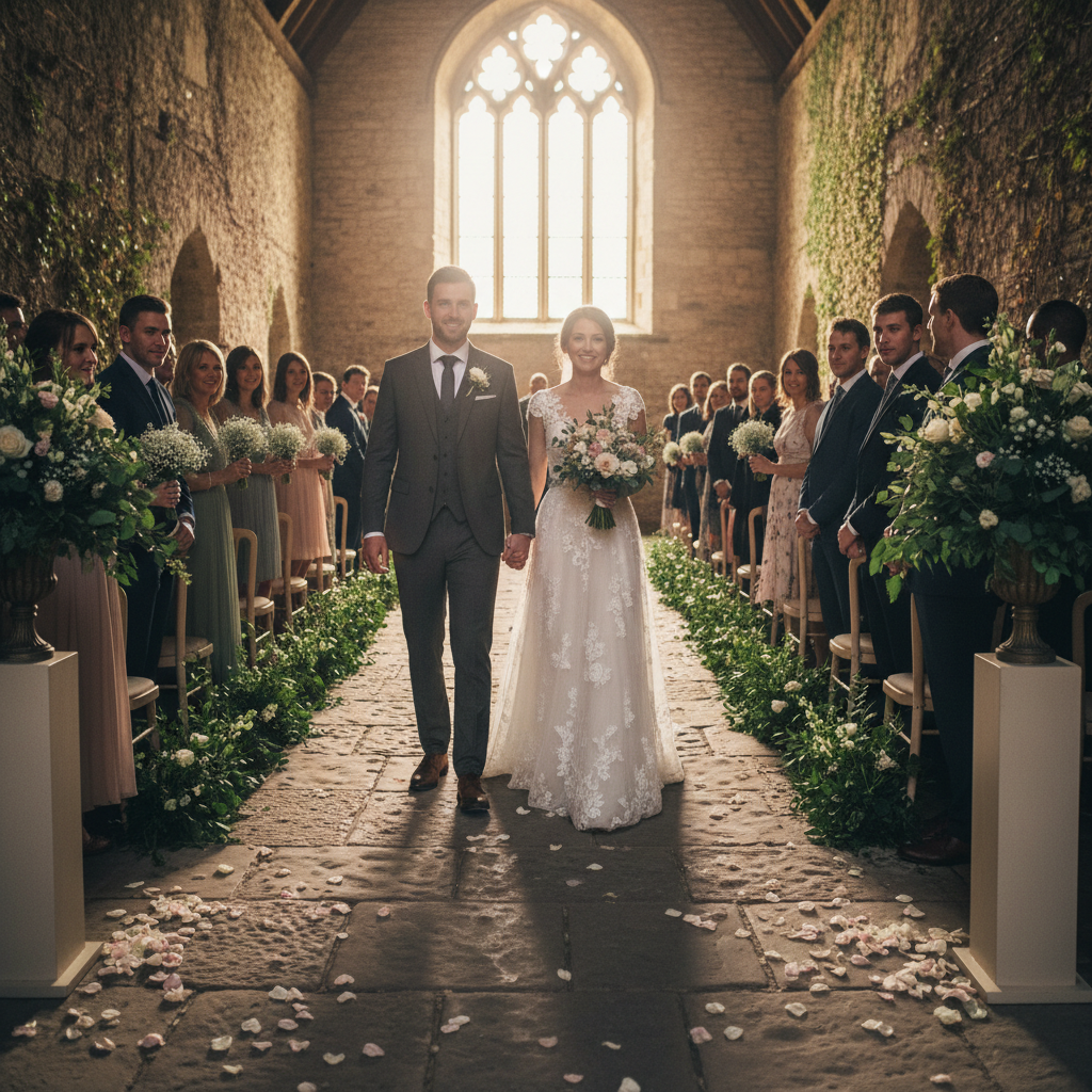 Couple walking down aisle, guests standing, petals scattered on stone floor
