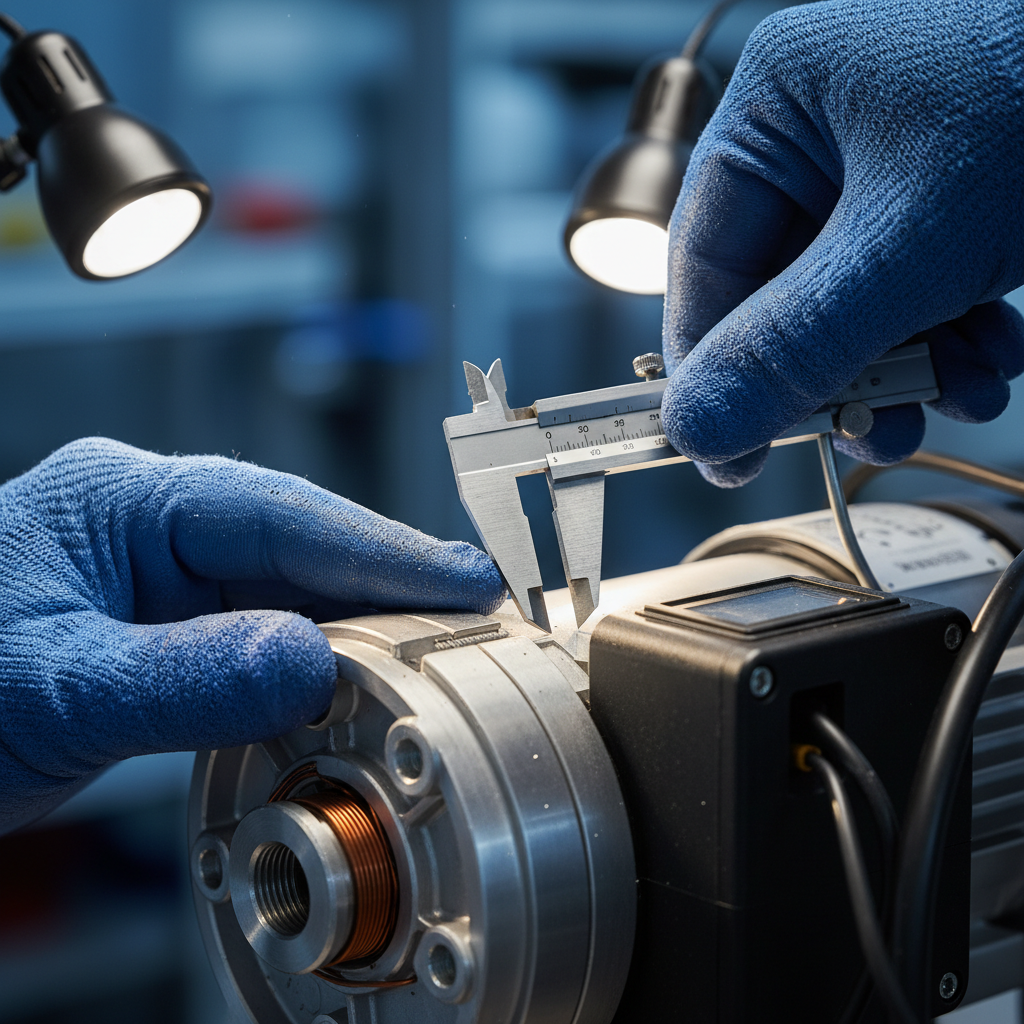 Gloved hand inspecting a variable-speed pump housing with precision tools