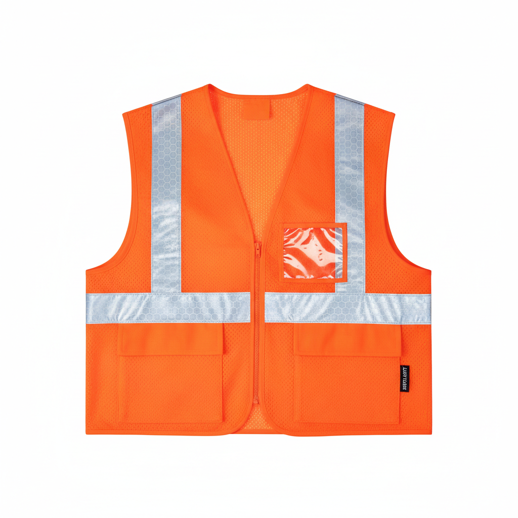 Orange high-visibility safety vest with reflective silver stripes