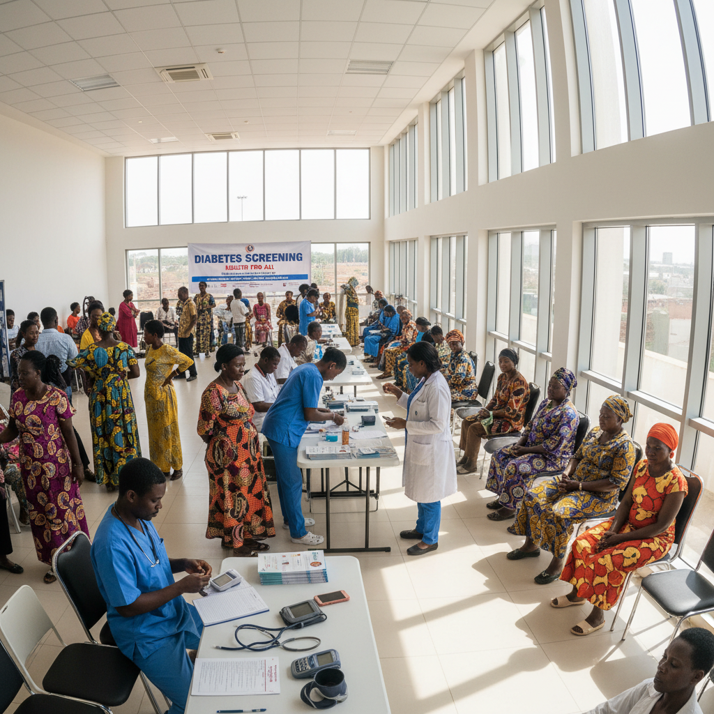 Healthcare workers in bright clinic setting serving African community members, clean medical environment