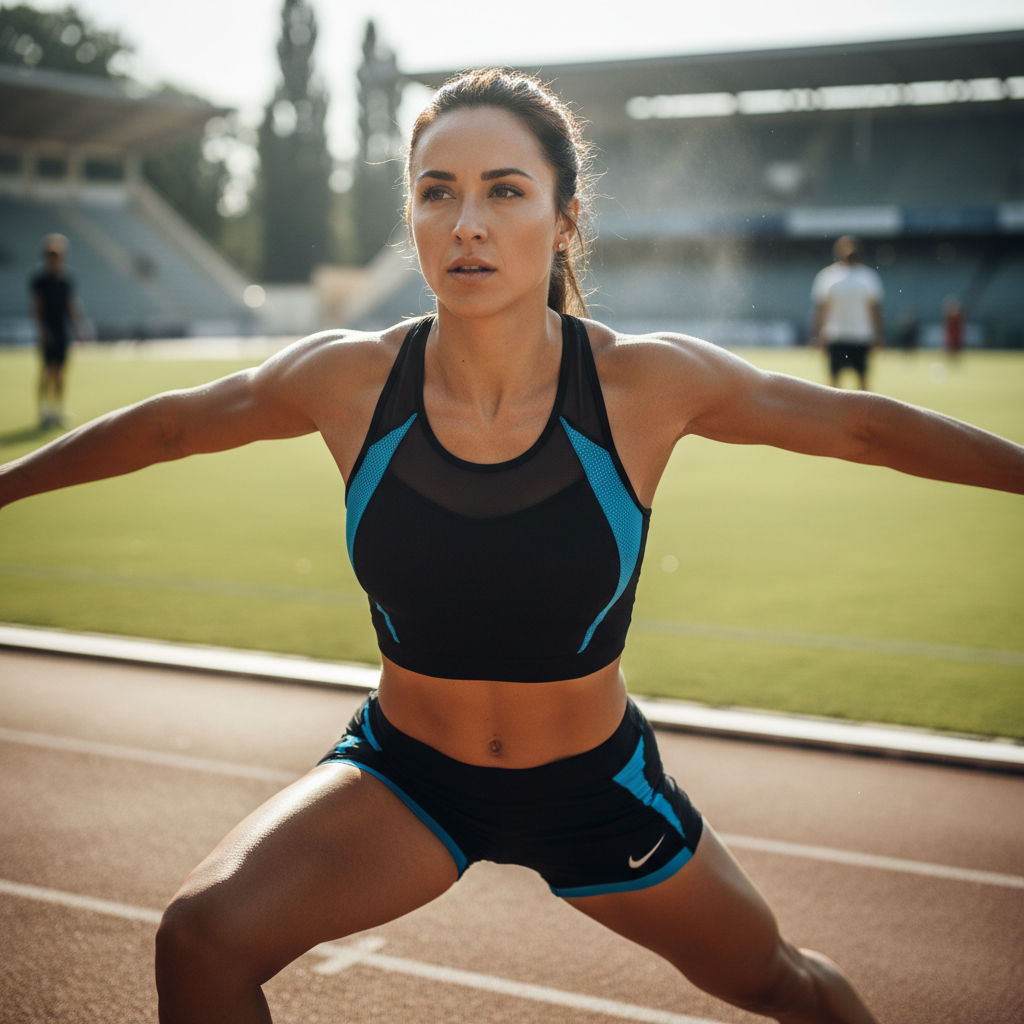 Track and field athlete in professional photoshoot, athletic gear, studio photography capturing strength and focus