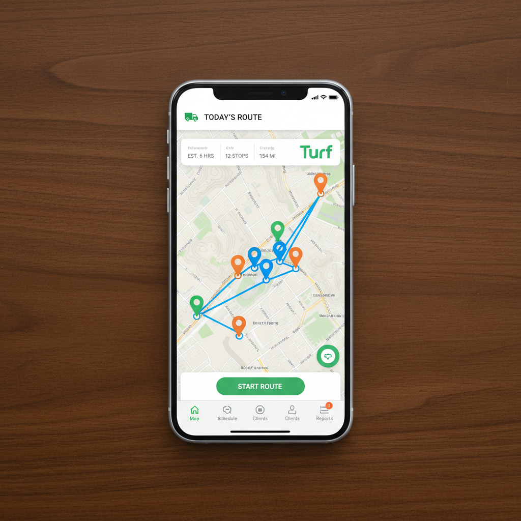 Smartphone showing Turf route management app with a map of scheduled lawn appointments