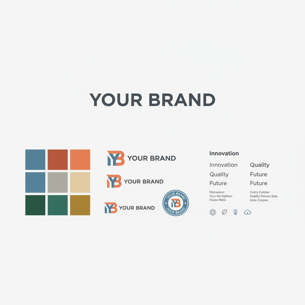 Bright flat lay of brand identity materials, color swatches, and design mockups on white surface