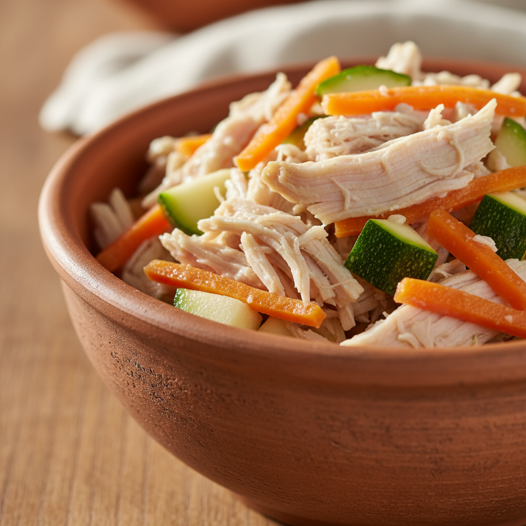 Light turkey meat mixed with bright orange carrot pieces and green zucchini in a natural clay bowl