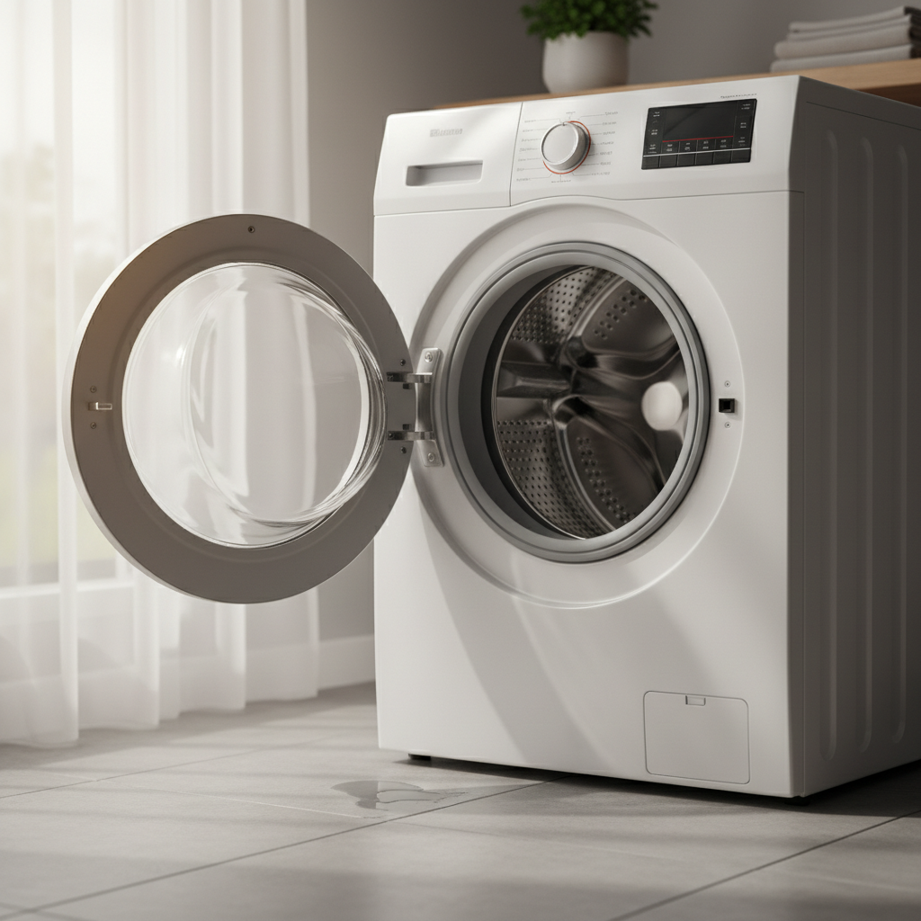 Front-loading washing machine in a laundry room with clean drum interior