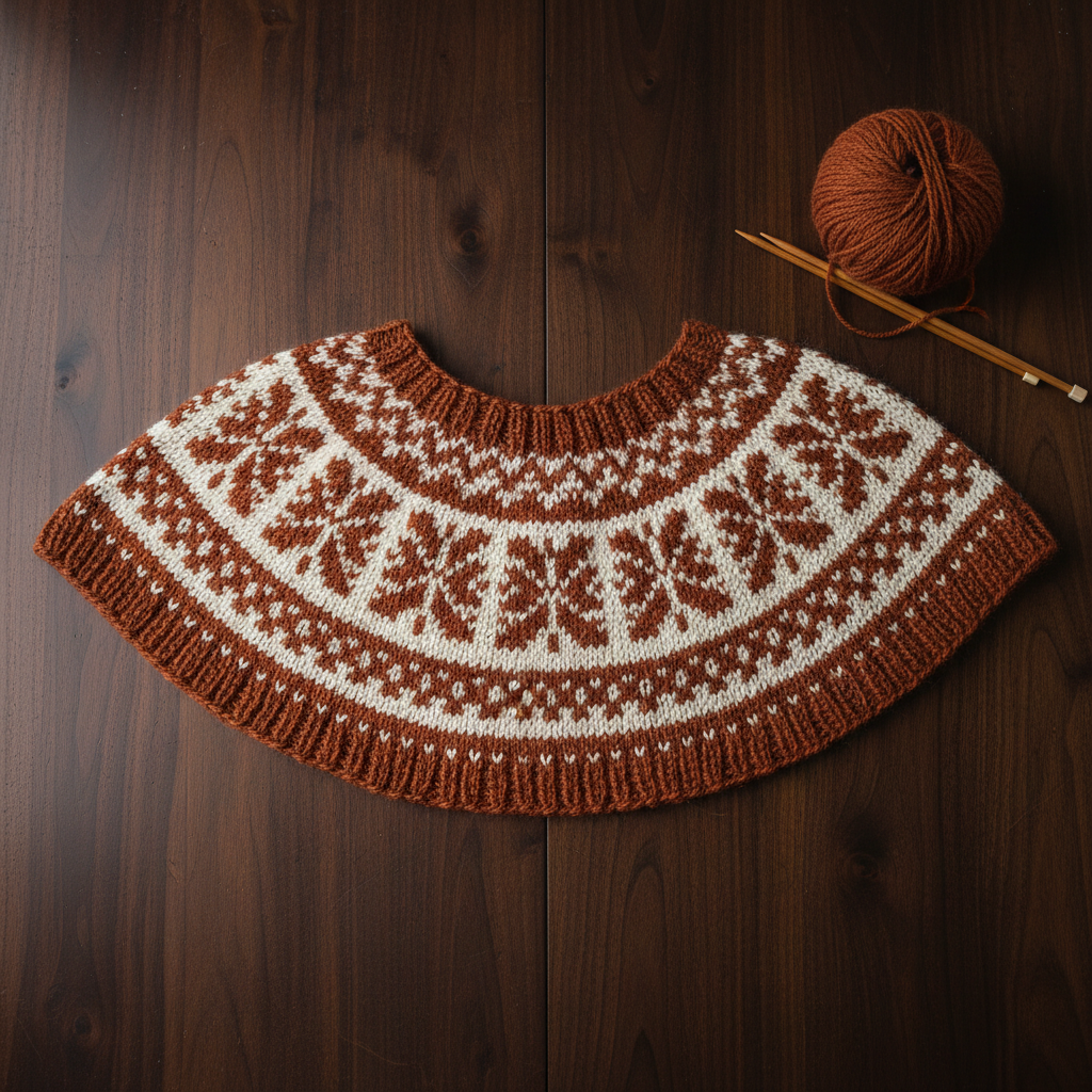 Overhead shot of colorwork yoke spread across a dark walnut table showing a Norwegian star pattern in rust and cream