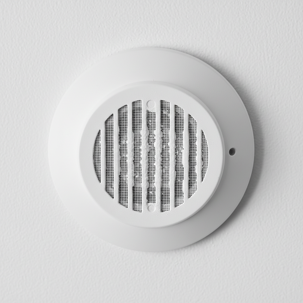 White smoke detector on ceiling with visible paint overspray covering ventilation slots