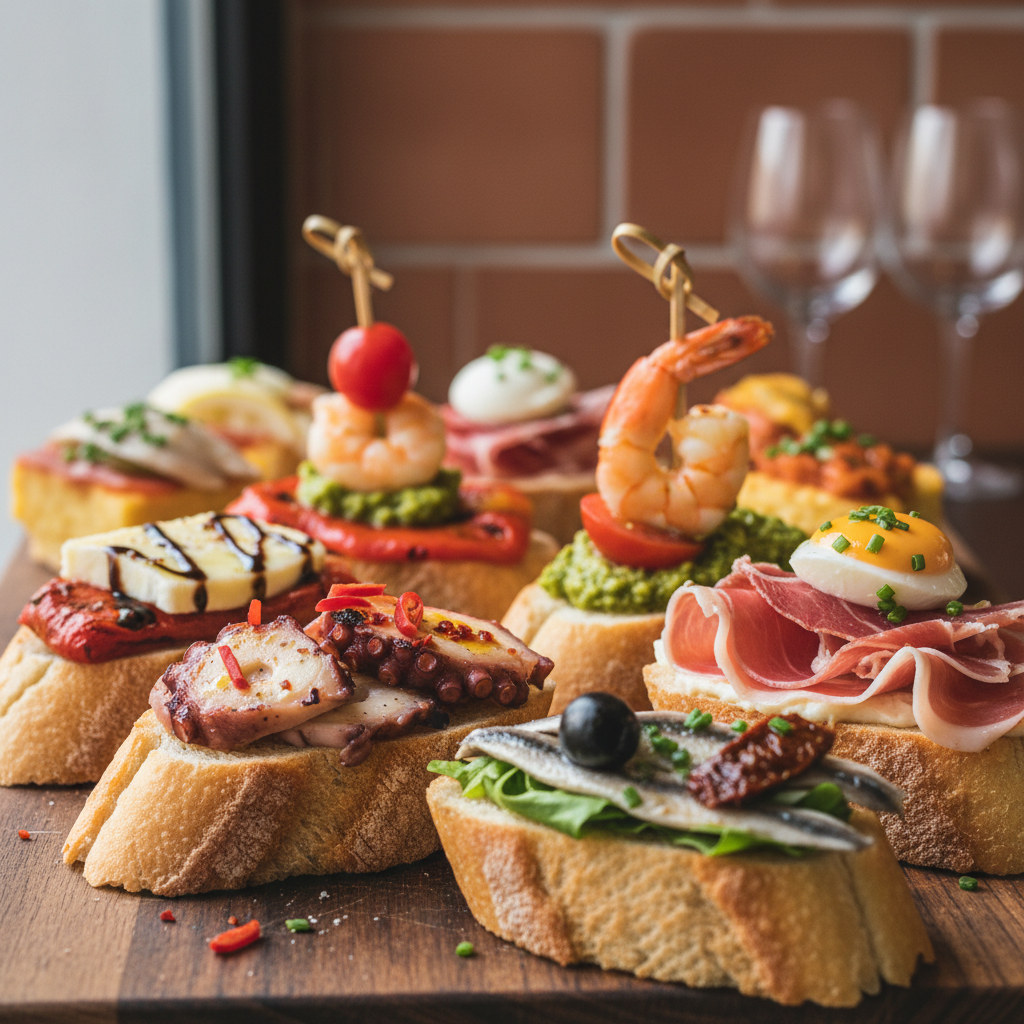 Vibrant pintxos bar in San Sebastián with an array of Basque Country small bites