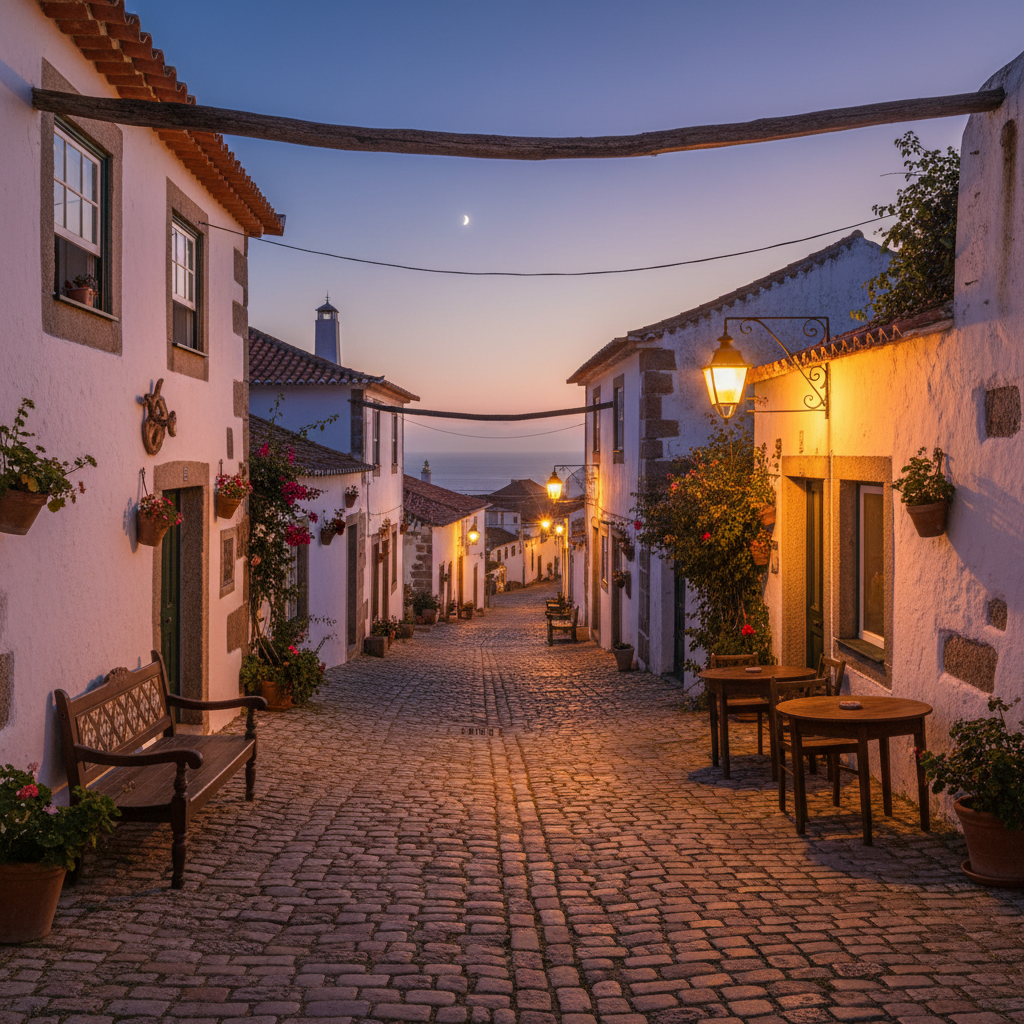 Narrow cobblestone street in a Portuguese coastal village at dusk, warm lantern light