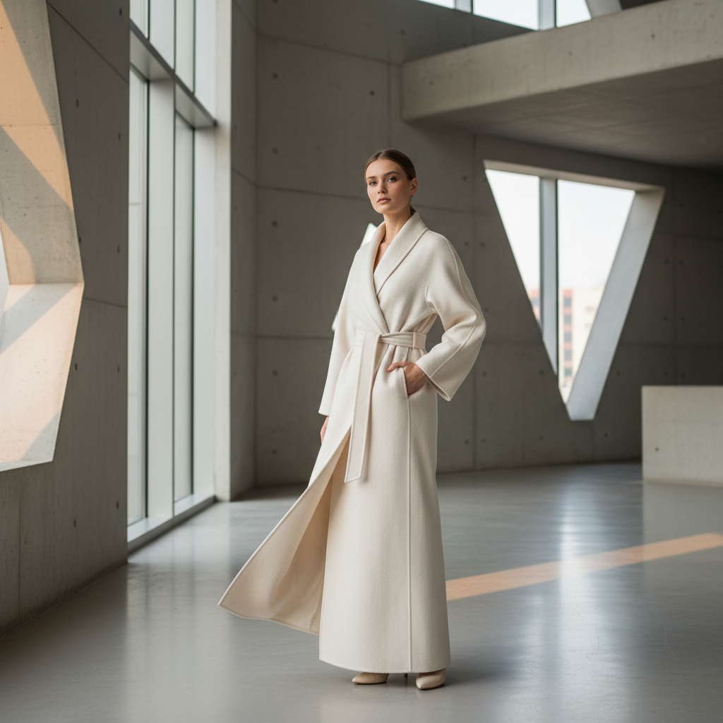SLF Meridian Coat — structured ivory wool coat on a female model against a white background