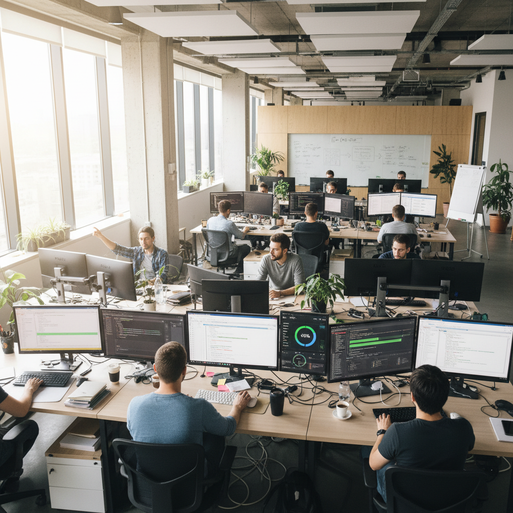 Modern tech office with developers working on multiple screens, dim blue ambient lighting, dark walls, professional atmosphere