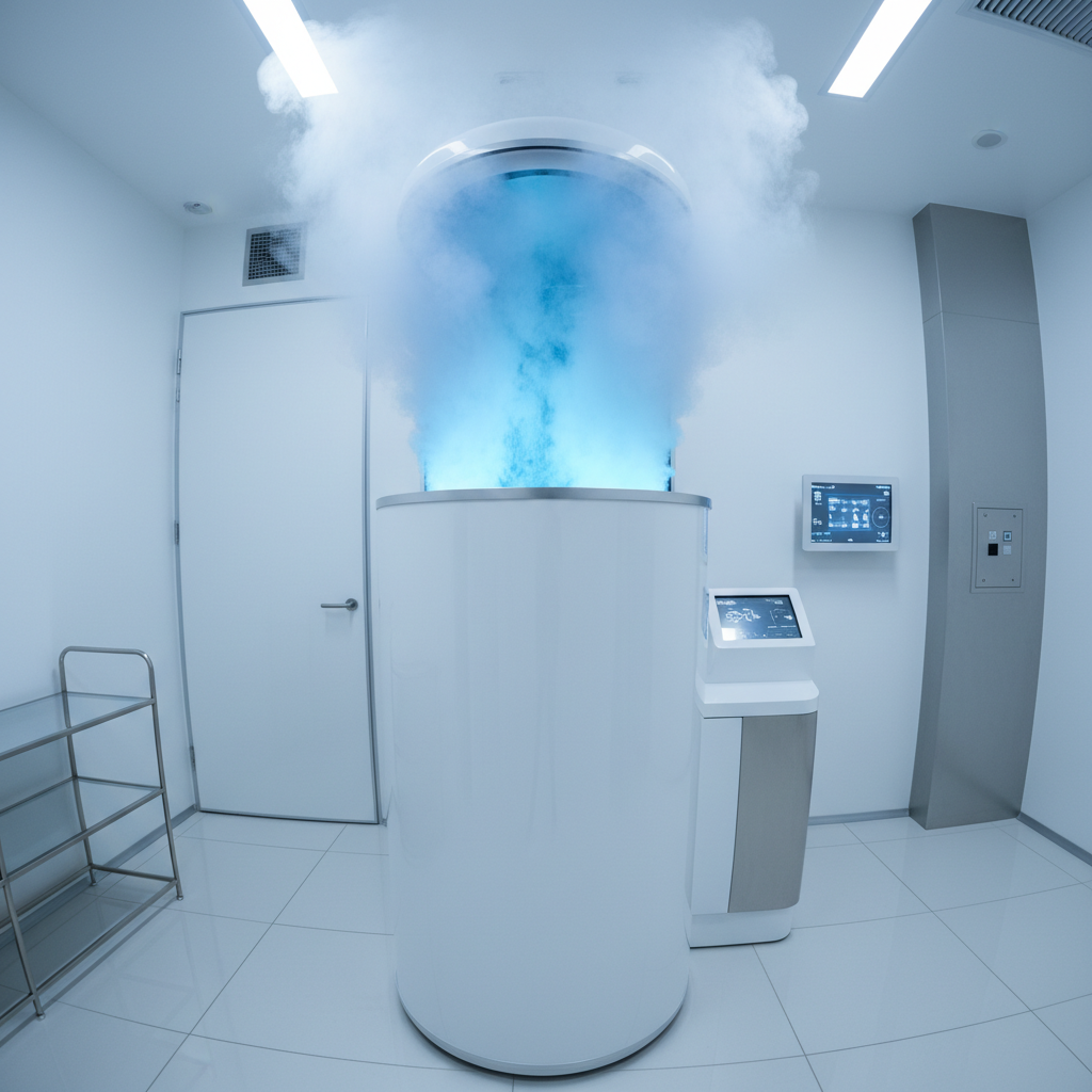 Cryotherapy chamber with blue frost mist, dark clinical environment, cold atmospheric lighting, modern medical aesthetic