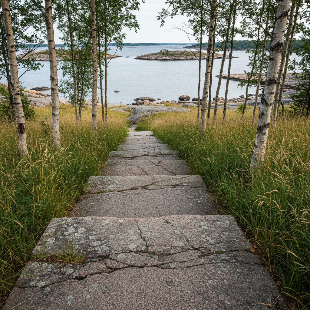 Granite terrace steps leading to Swedish archipelago coastline with birch trees and wild grasses