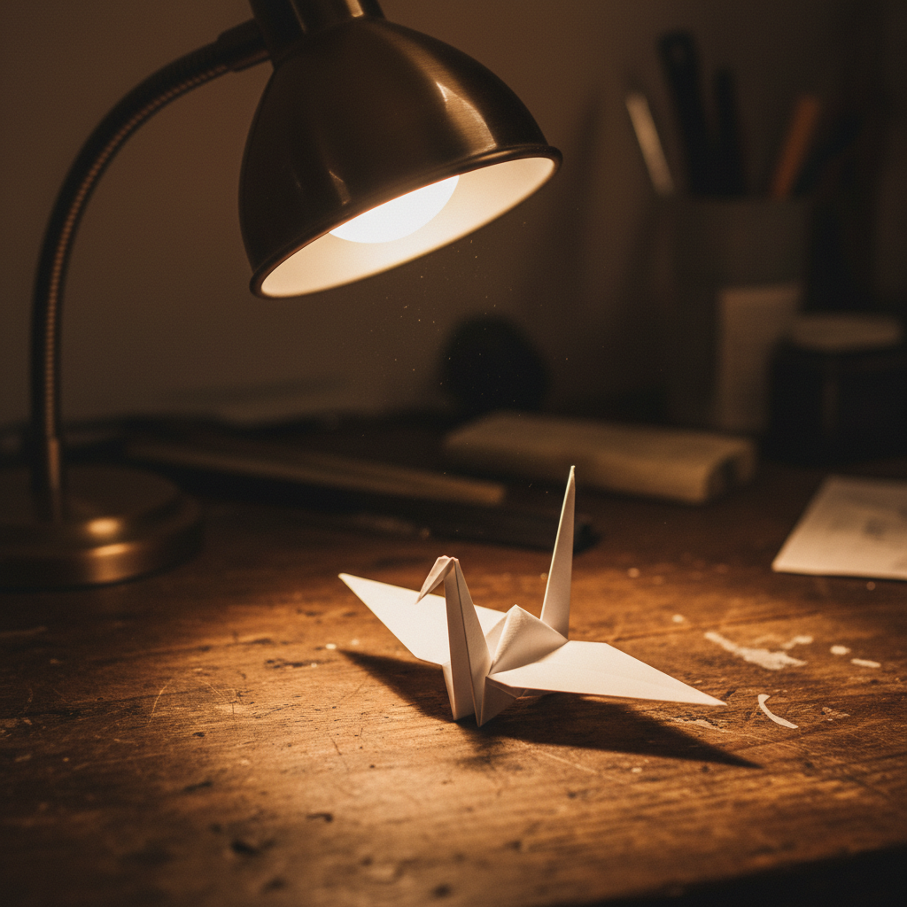 Desk lamp illuminating the first origami crane folded on a wooden workbench