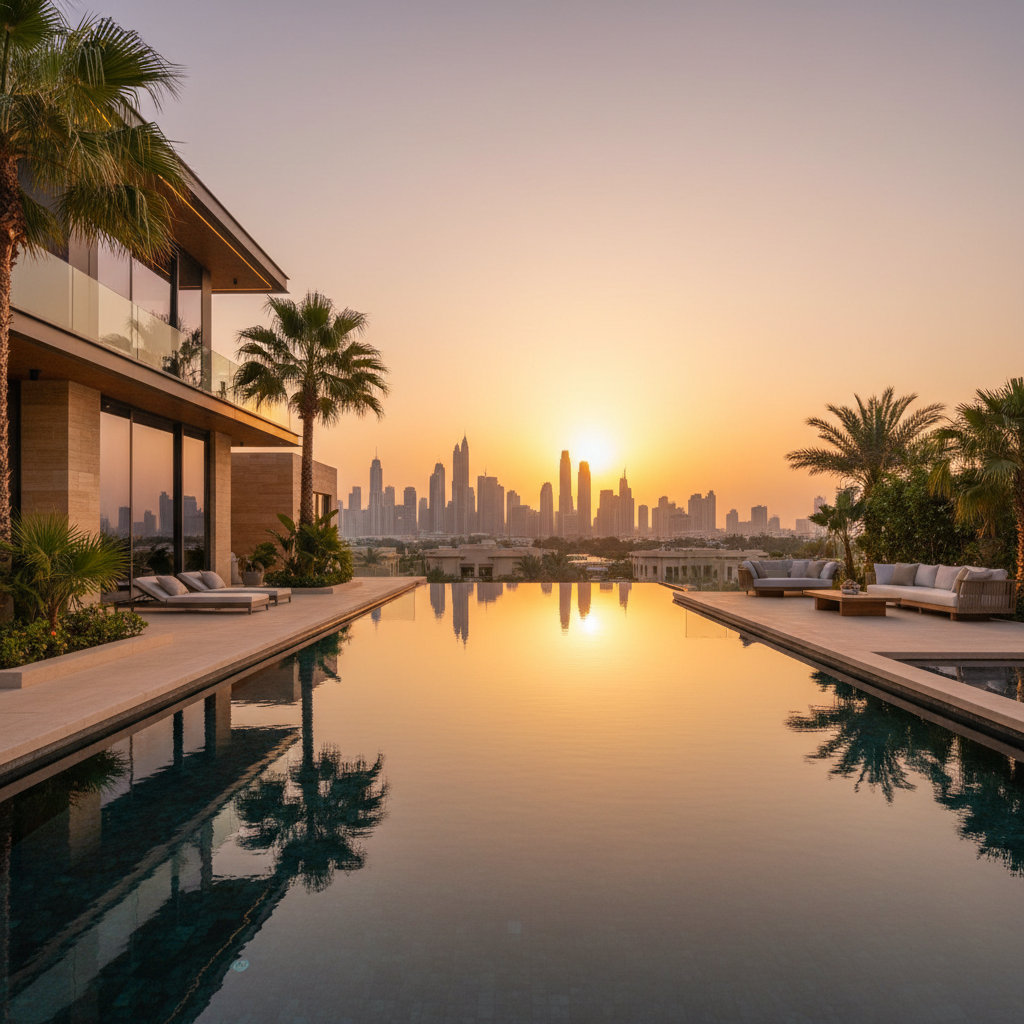 Emirates Hills villa exterior with lush private garden, golf course view, bright sunny day, premium landscaping