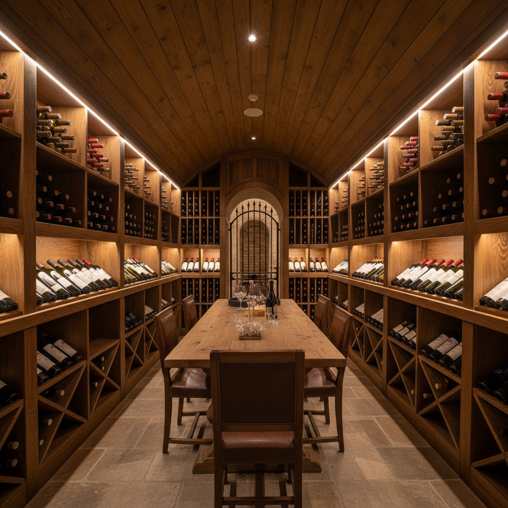 Elegant private wine cellar with floor-to-ceiling wooden racks filled with hundreds of bottles and soft ambient lighting