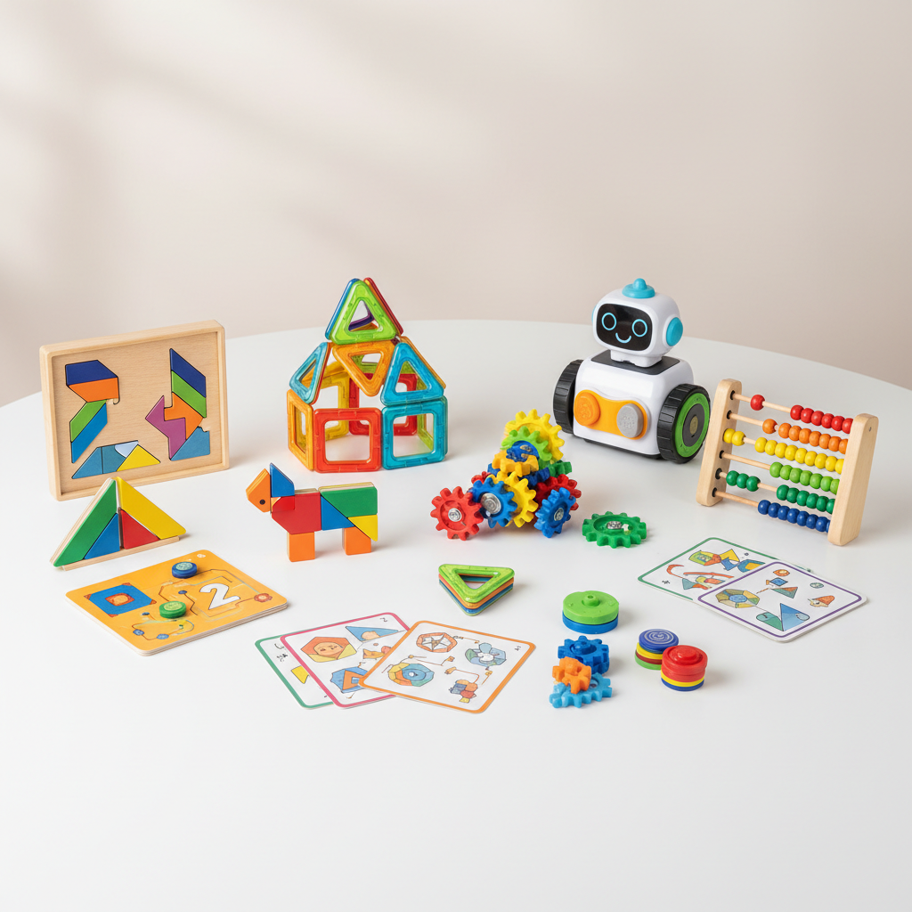 Colorful STEM building blocks and robot kit on bright white table, daylight
