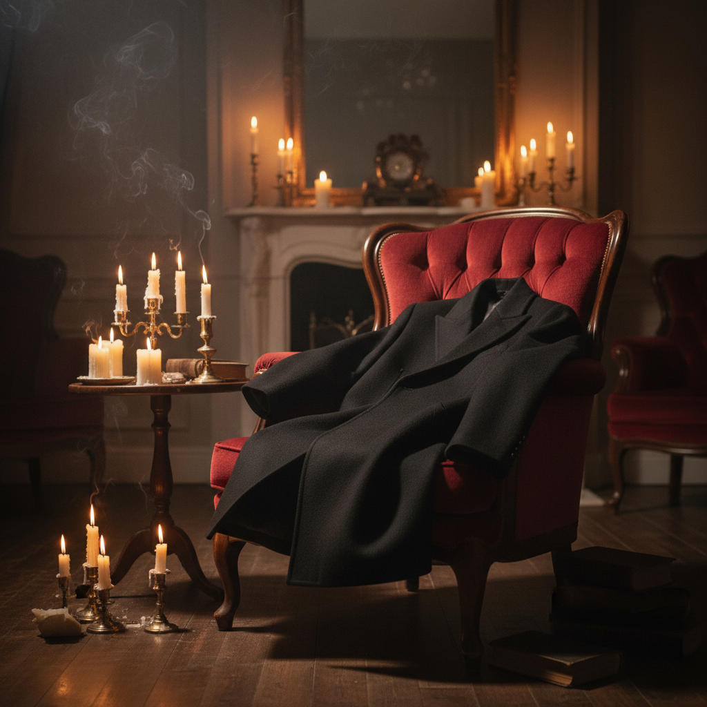 Black structured coat draped over a velvet chair in dim candlelight
