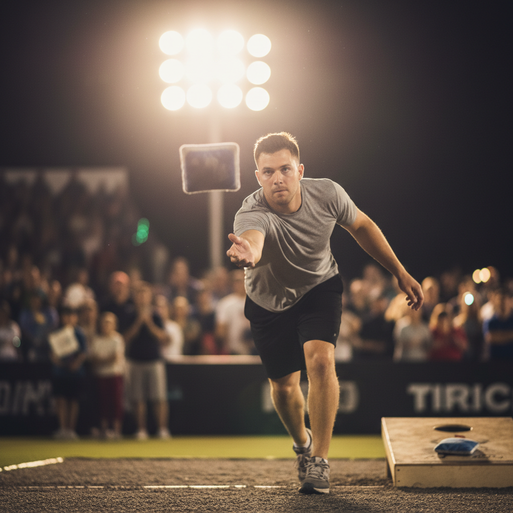Cornhole player mid-release with arm fully extended, beanbag frozen in air against stadium lights