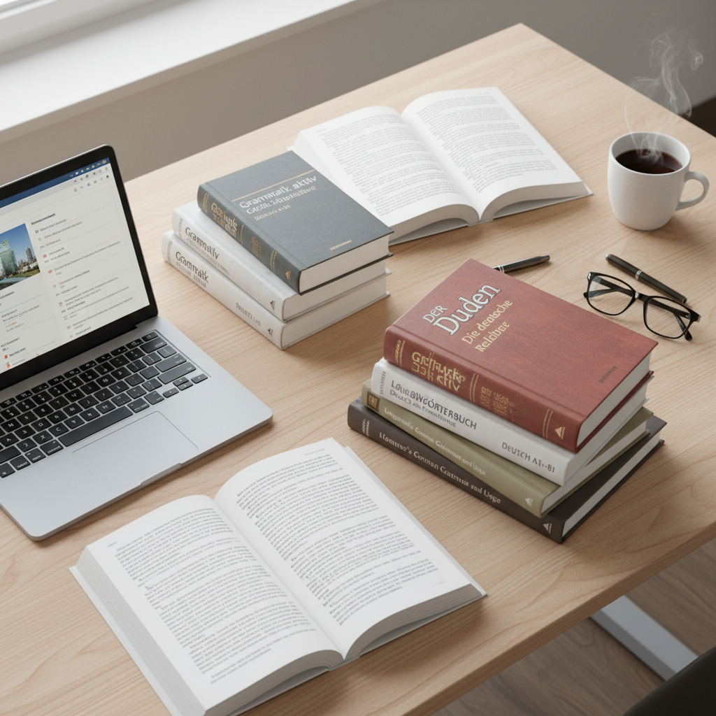 German language textbooks and study materials on a wooden desk