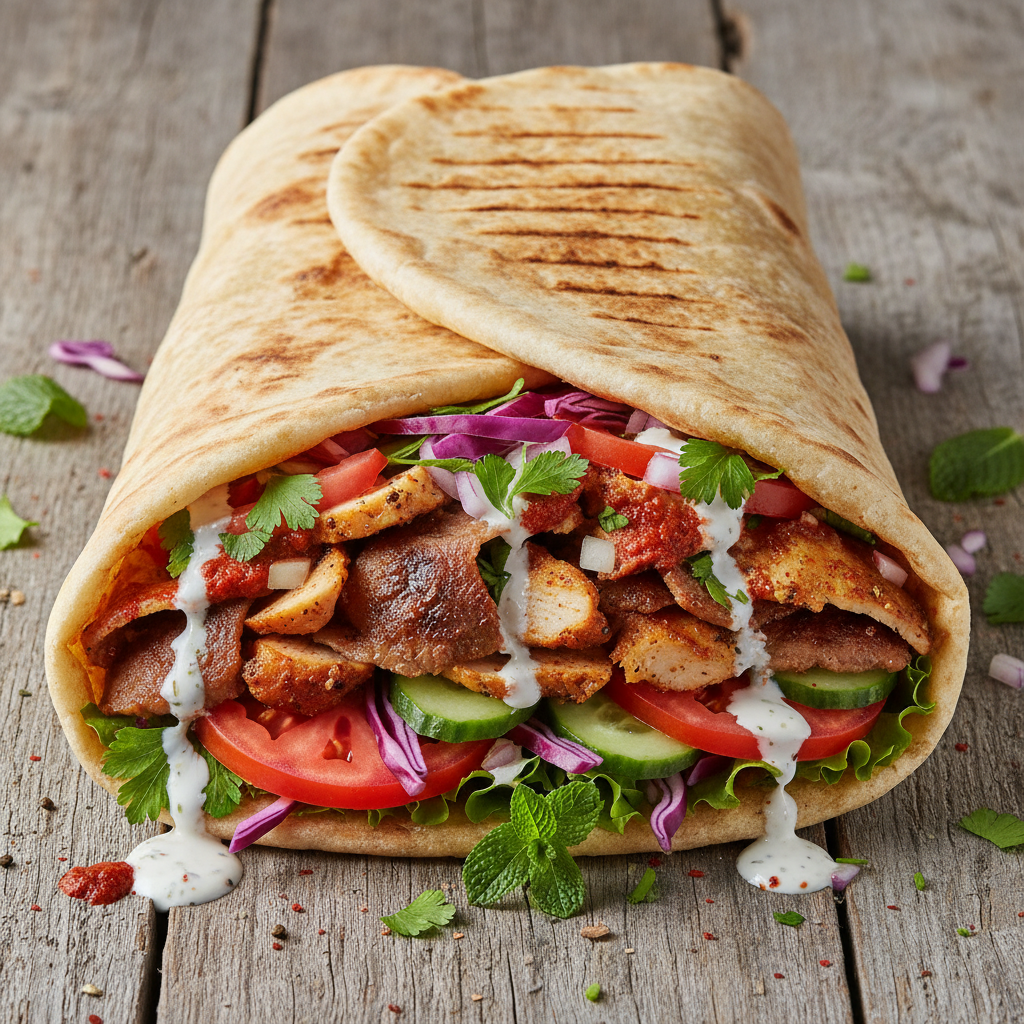 Freshly made chicken shawarma wrap with spiced chicken, garlic sauce, pickles, and vegetables