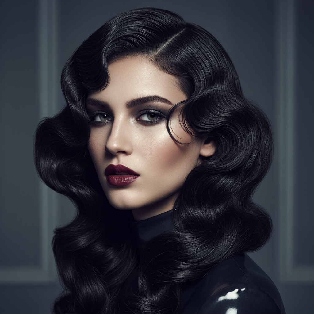 High-fashion editorial portrait with dramatic dark hair styling for Allure Magazine feature on modern noir aesthetics
