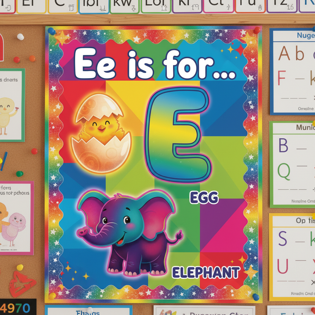 Colorful educational posters with large letters and sight words displayed on classroom wall