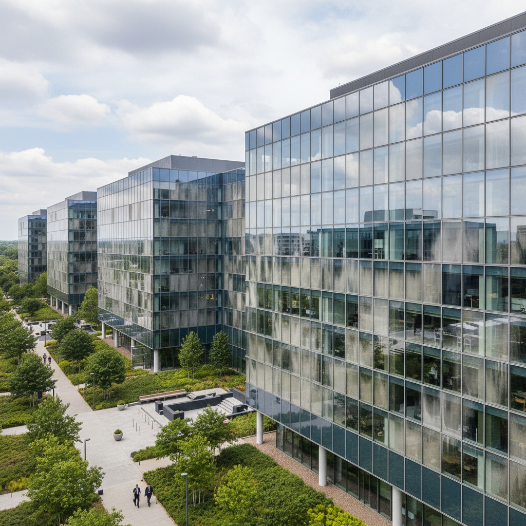Modern multi-tenant office park buildings, glass curtain wall, professional landscaping, overcast sky, architectural photography