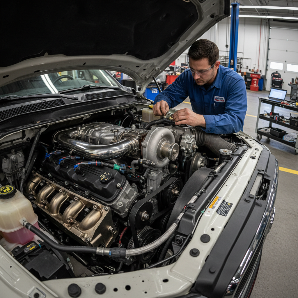 Professional mechanic in uniform working on a vehicle engine in a well-lit auto shop