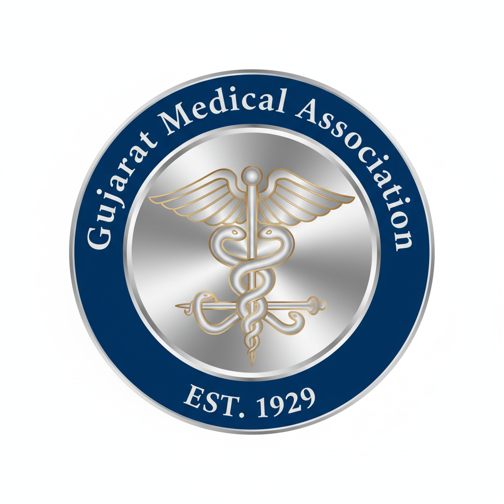 Logo of Gujarat Medical Association with medical caduceus symbol