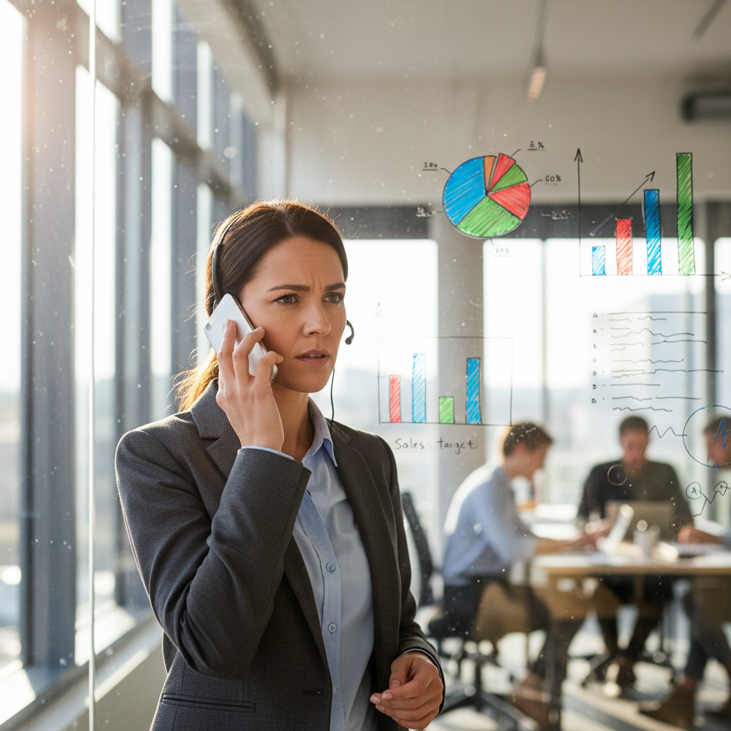 Sales professional on a call at a modern office, working outbound sales