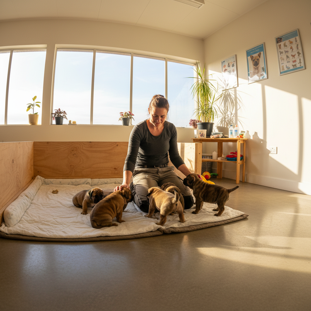 Breeder in sun-warmed whelping room, holding newborn Pomeranian puppy gently in both hands, morning light through window
