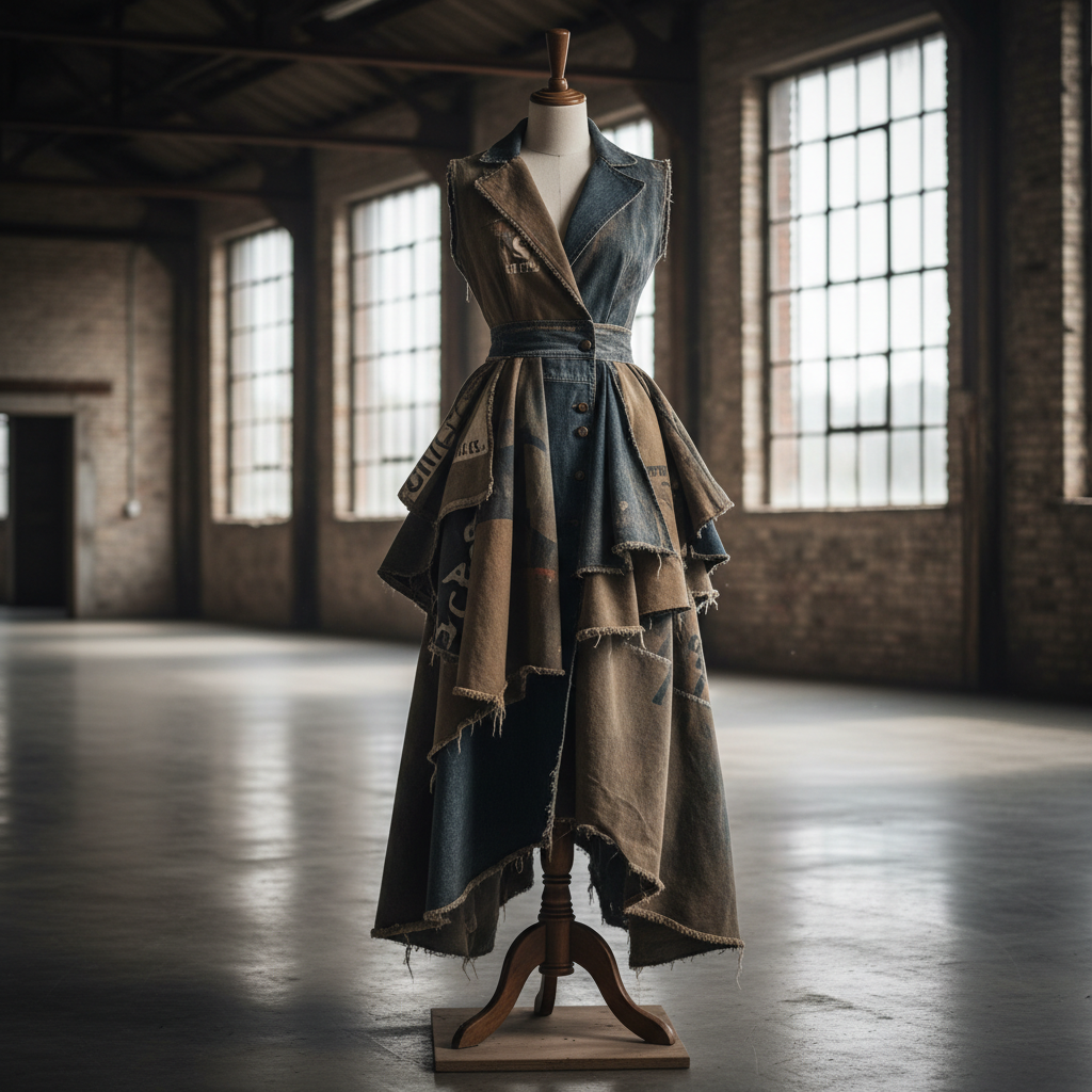 Editorial shot of upcycled garment draped on a mannequin in an industrial space, structural silhouette